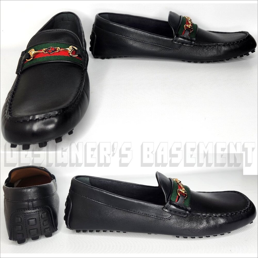GUCCI mens 12.5 black AYRTON leather Horsebit DOUBLE G WEB Driver Moccasin shoes - Picture 6 of 12
